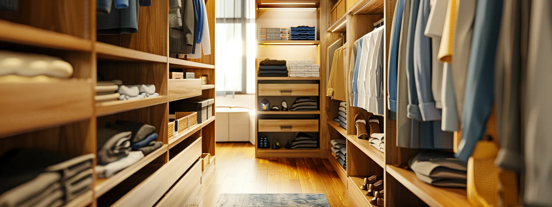 a compact closet with clever shelving solutions and efficient storage options.