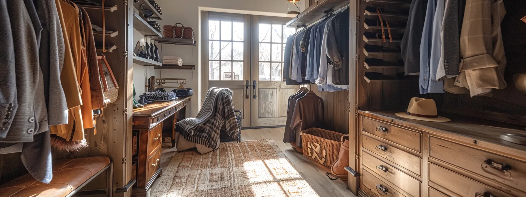 a spacious closet with rustic texas-inspired accents and personalized touch.