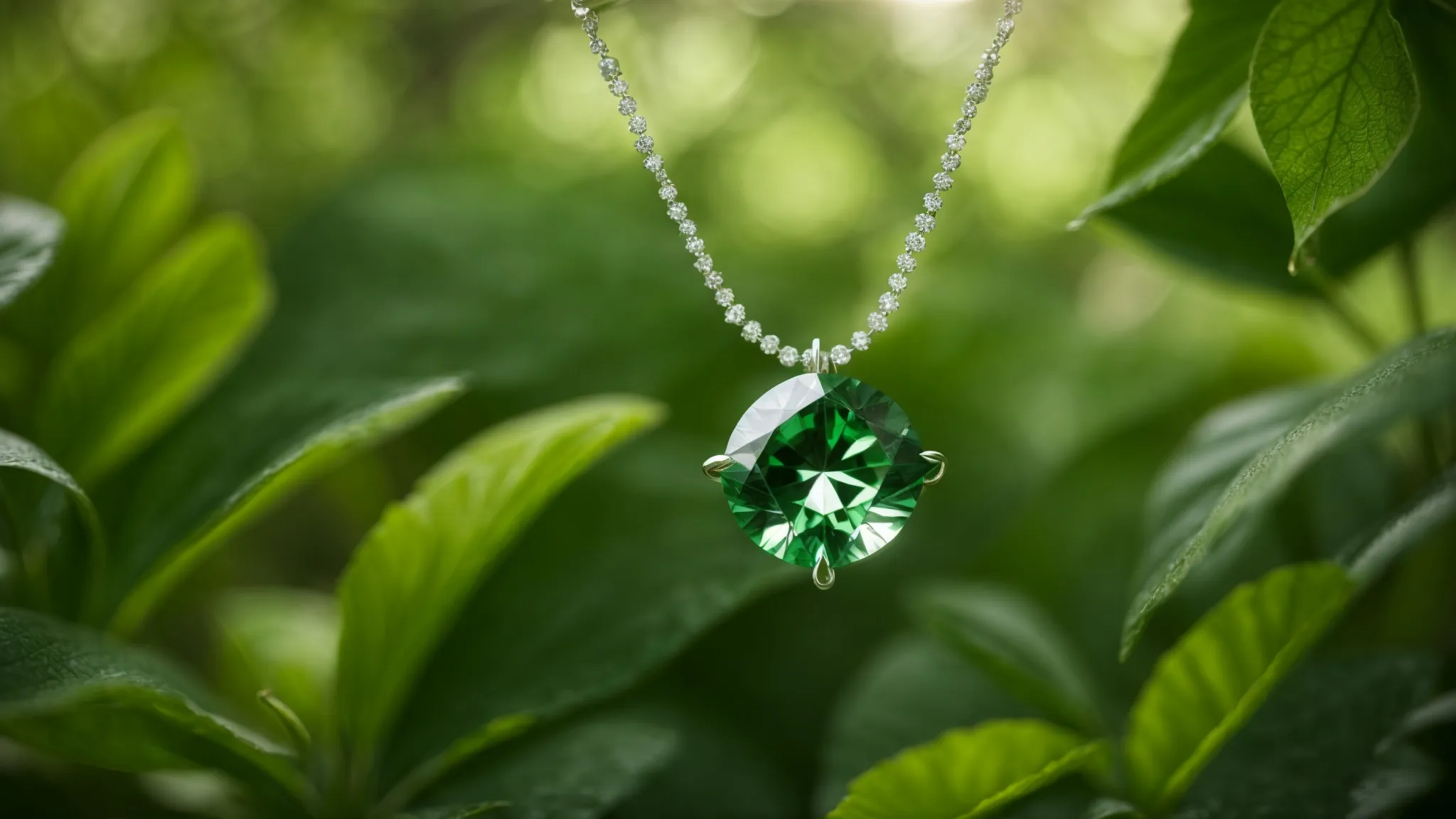 a gleaming lab-grown diamond necklace is showcased against a serene, green botanical backdrop.