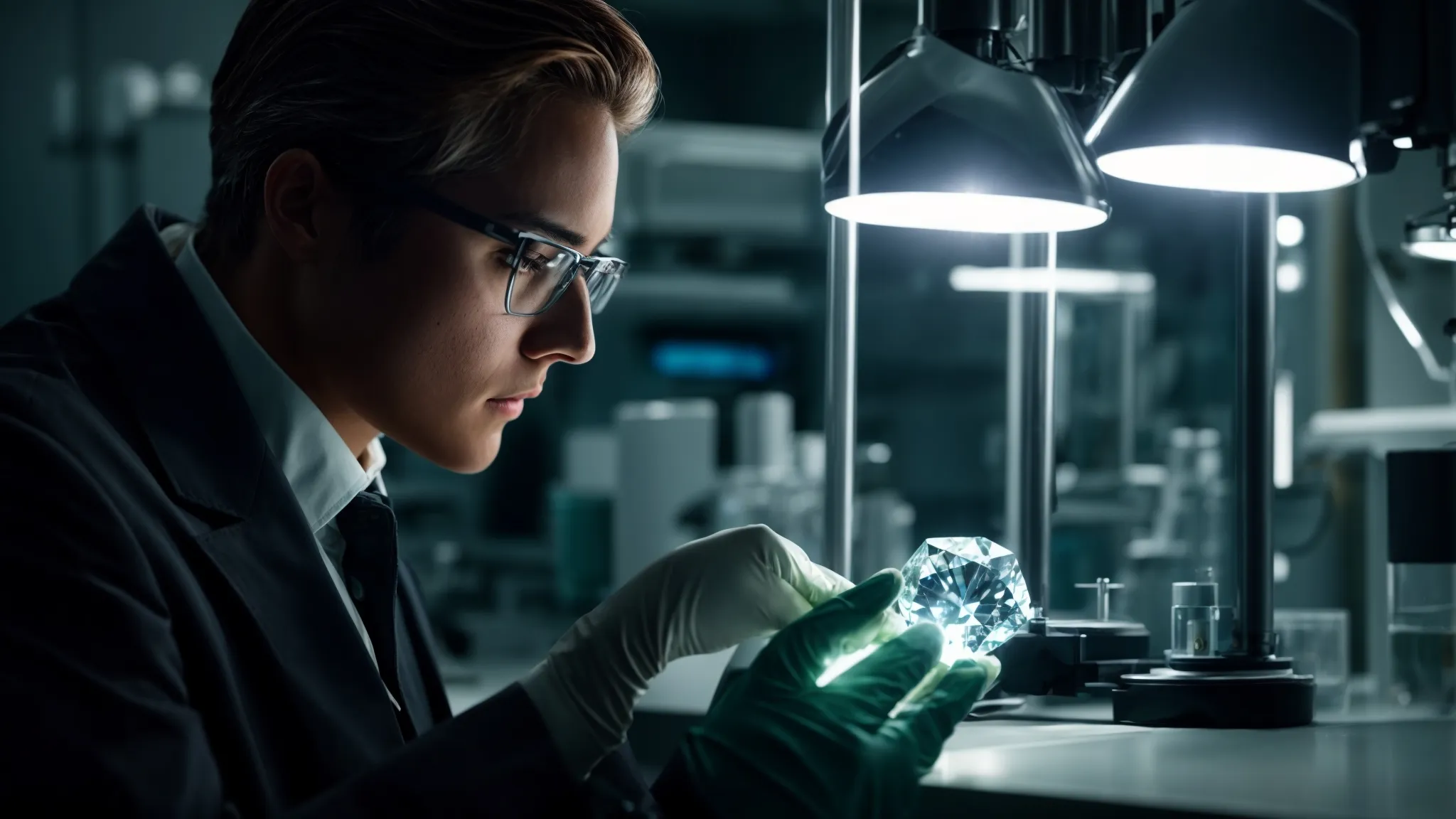 a scientist meticulously examines a sparkling lab-grown diamond under the bright light of a laboratory.