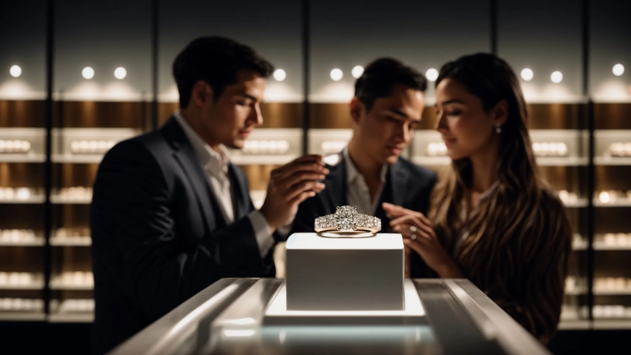 a couple admires a sparkling lab grown diamond engagement ring under the soft glow of elegant jewelry store lights.