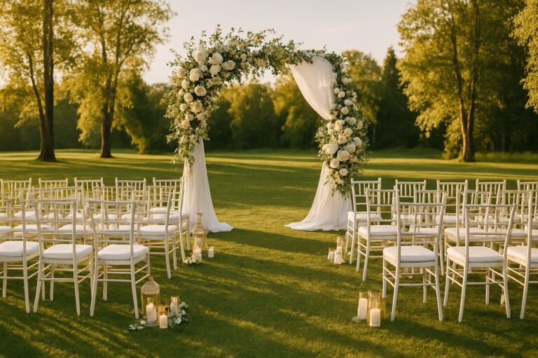 Outdoor wedding ceremony area with white chairs and a floral arch on a green lawn surrounded by trees under a clear sky.