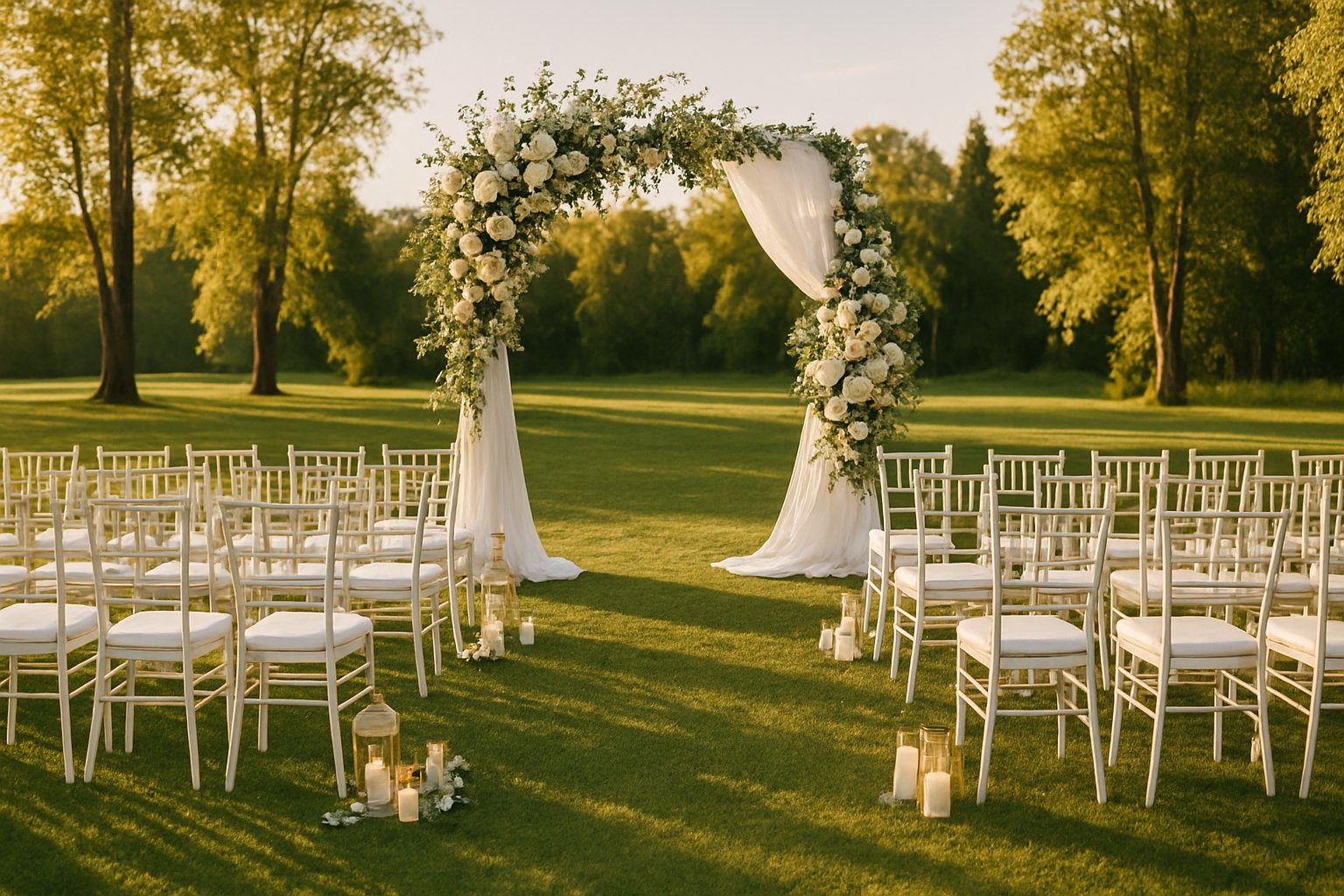 Outdoor wedding ceremony area with white chairs and a floral arch on a green lawn surrounded by trees under a clear sky.