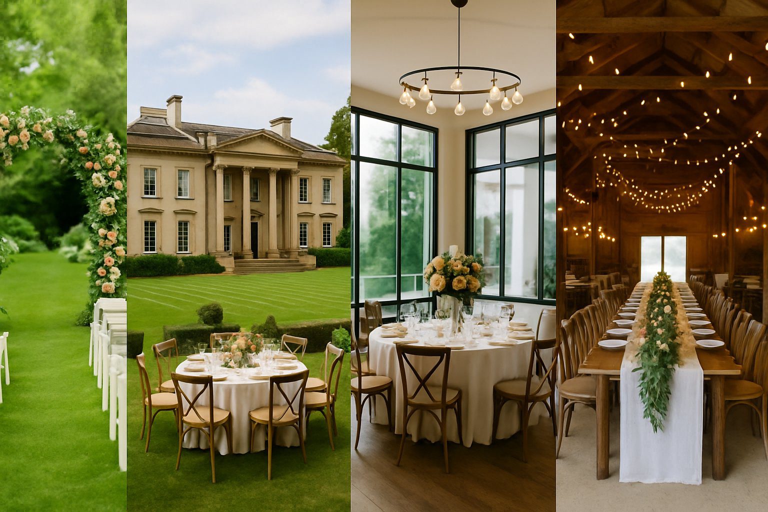 A collage showing different wedding venues including a garden, mansion, modern indoor space, rustic barn, and beach setting.