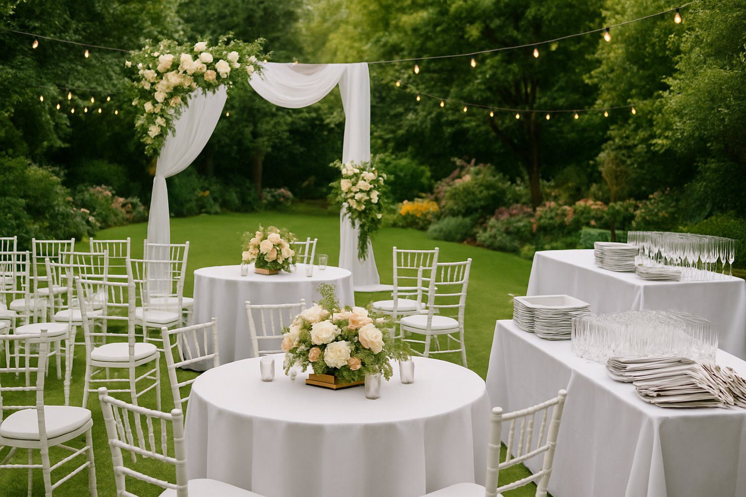 An elegant outdoor wedding venue with decorated chairs, tables, a floral arch, and a catering station surrounded by greenery.