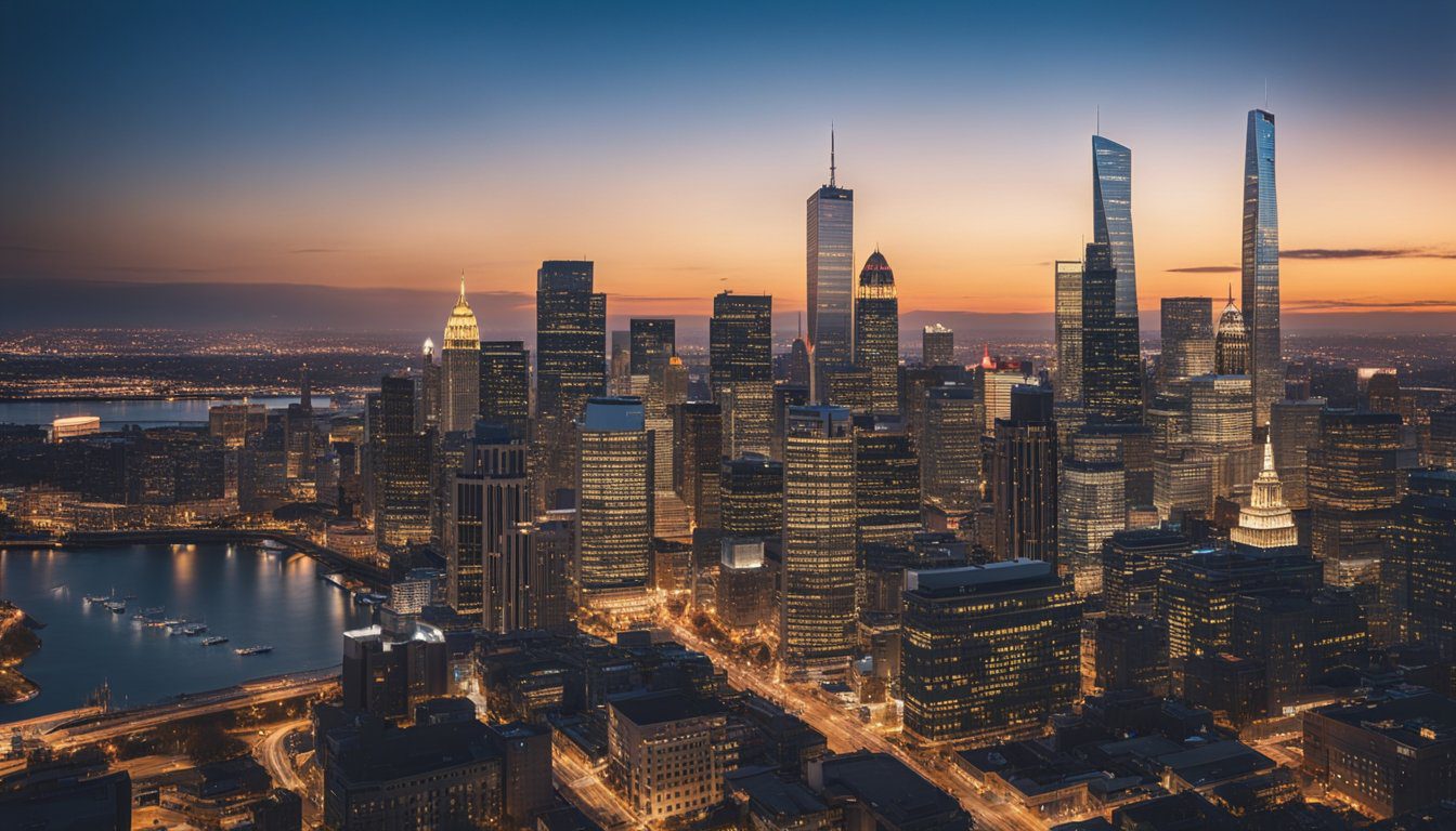 A bustling city skyline with various businesses and industries, all interconnected and thriving, symbolizing the impact and benefits of the Liberty Business Directory