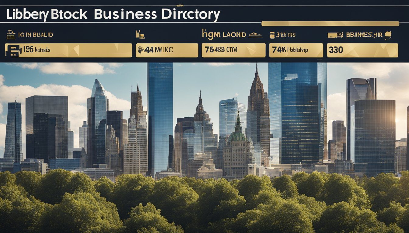 A bustling city skyline with various businesses and office buildings, with the Liberty Business Directory prominently displayed on a digital billboard