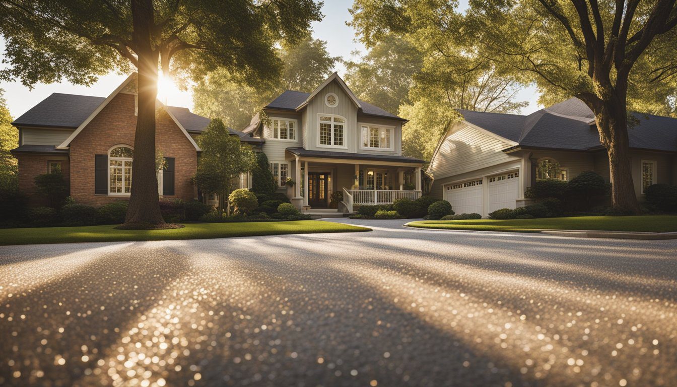 A clean, sparkling driveway and exterior of a house after being pressure washed. The sunlight glistens off the freshly cleaned surfaces, enhancing the overall curb appeal