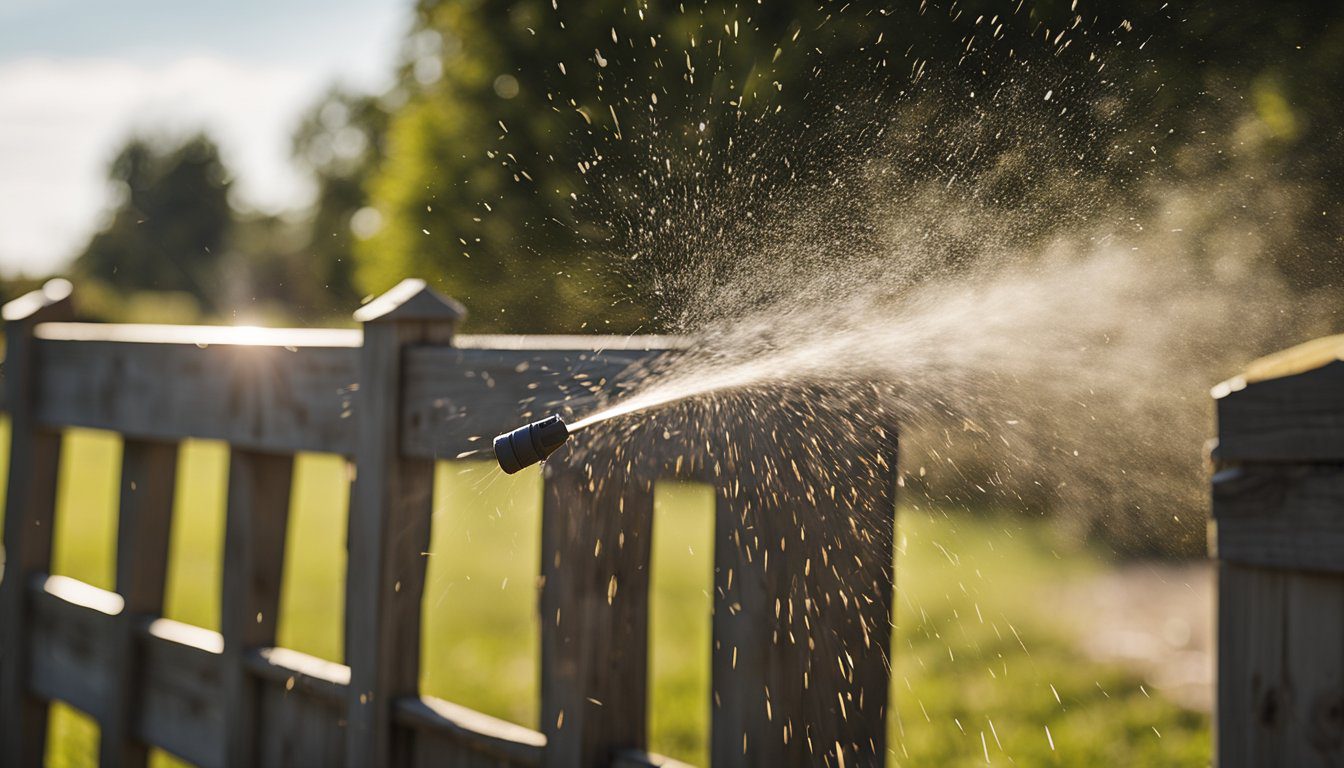 A pressure washer blasts away dirt and grime from a weathered fence, revealing its original color and preventing long-term damage