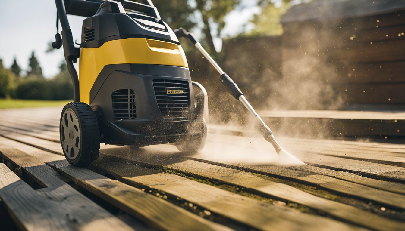 A pressure washer blasts away pollen, dust, and mold from a weathered deck, revealing the fresh, clean wood underneath