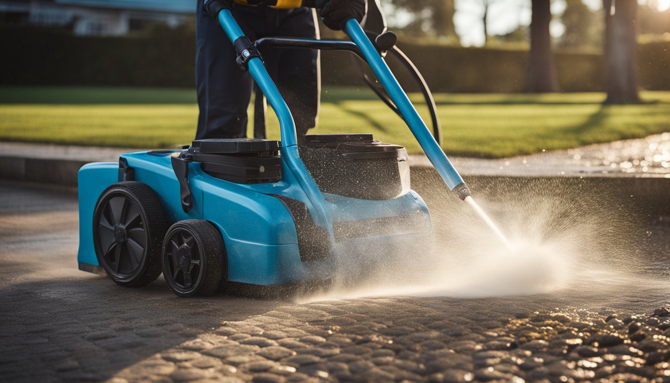 A pressure washer sprays water onto a dirty surface, removing grime and revealing the clean, restored area underneath