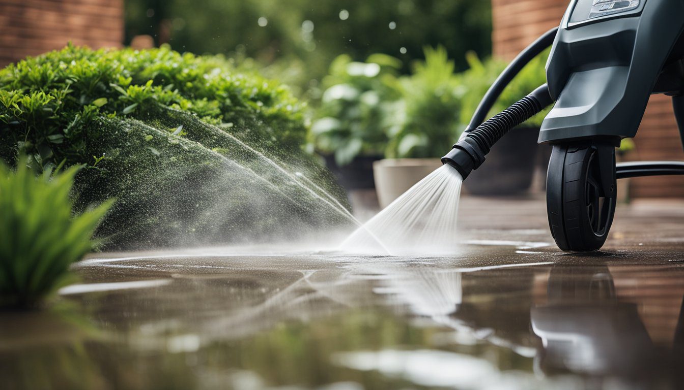 A pressure washer sprays water onto a dirty exterior surface, revealing a clean and refreshed appearance. Surrounding plants and landscaping appear revitalized