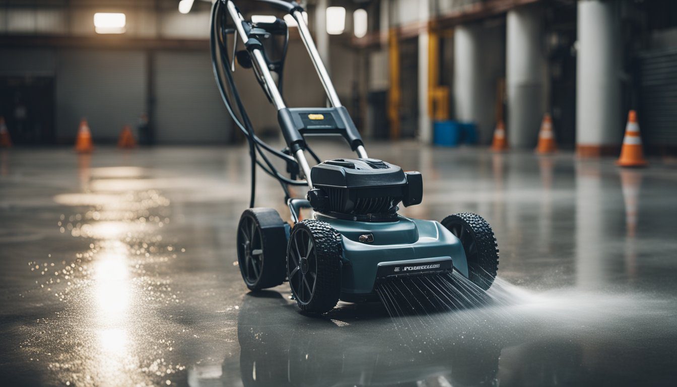 A pressure washer cleans a grimy industrial floor, revealing a sparkling surface and improving safety