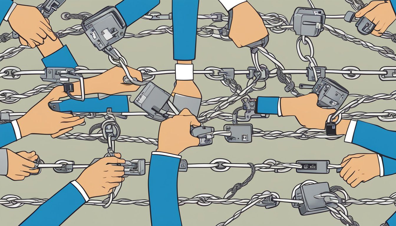 A group of hands controlling various media outlets with ropes, chains, locks, and barriers