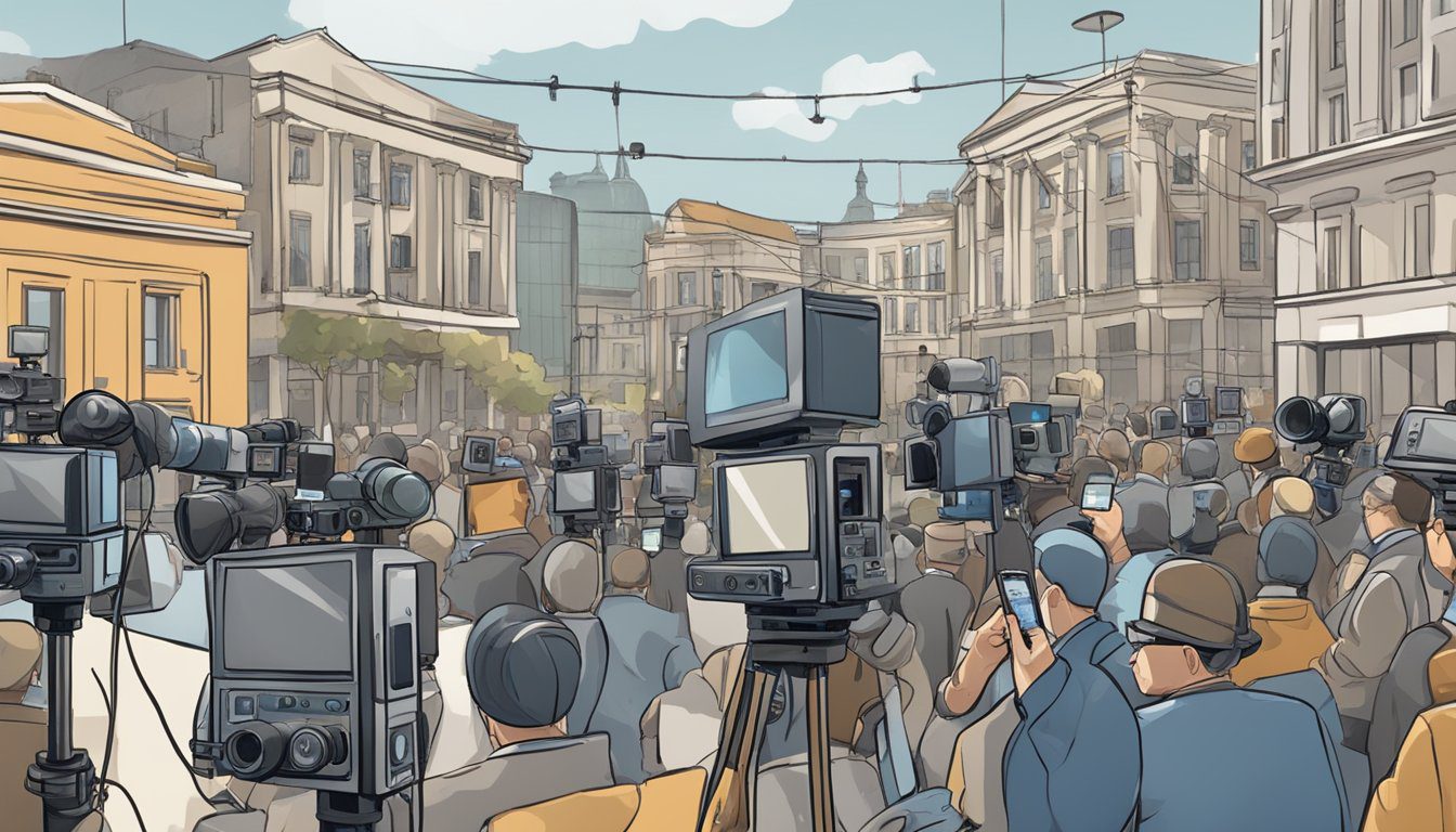 A network of cameras and microphones monitor a city square, while government officials oversee the editing and censorship of news broadcasts