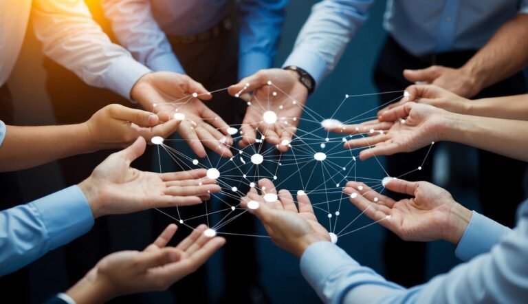 A group of interconnected hands pulling and shaping a digital web of information