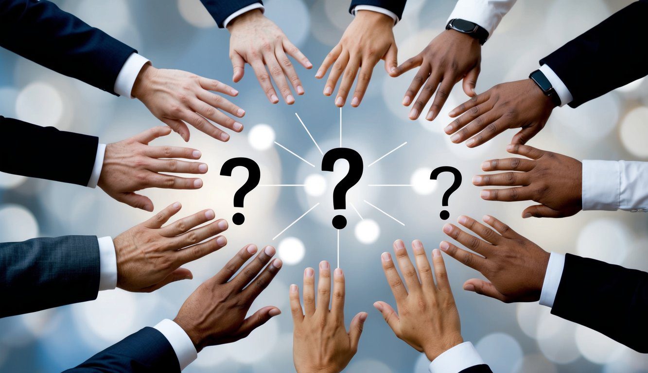 Multiple hands reaching towards a central point, each holding a different question mark. The hands are arranged in a circular pattern, symbolizing the manipulation of consensus through online FAQs